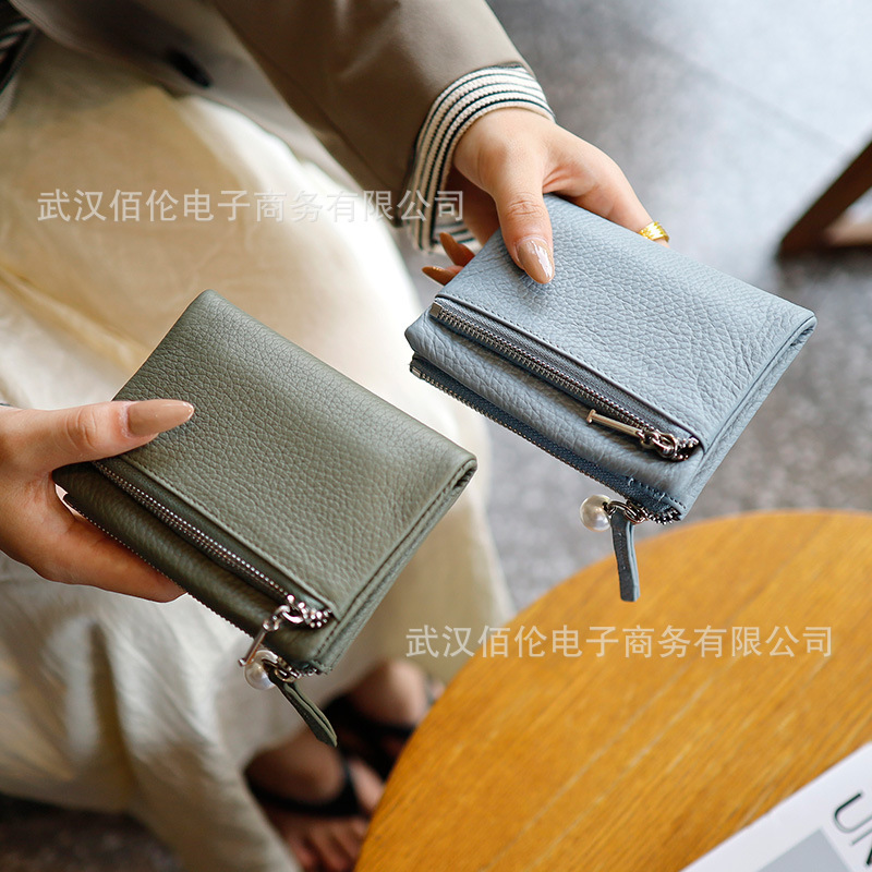 Cross-border foreign trade leather wallet women's soft leather coin purse card bag head layer leather pearl short wallet wholesale