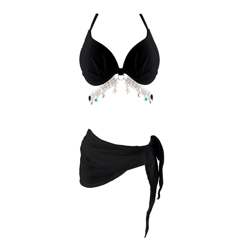 2025 estilo explosivo bikini dividido traje de baño de tres piezas para mujer sin espalda delgada que cubre la carne traje de baño de vacaciones de tres piezas al por mayor