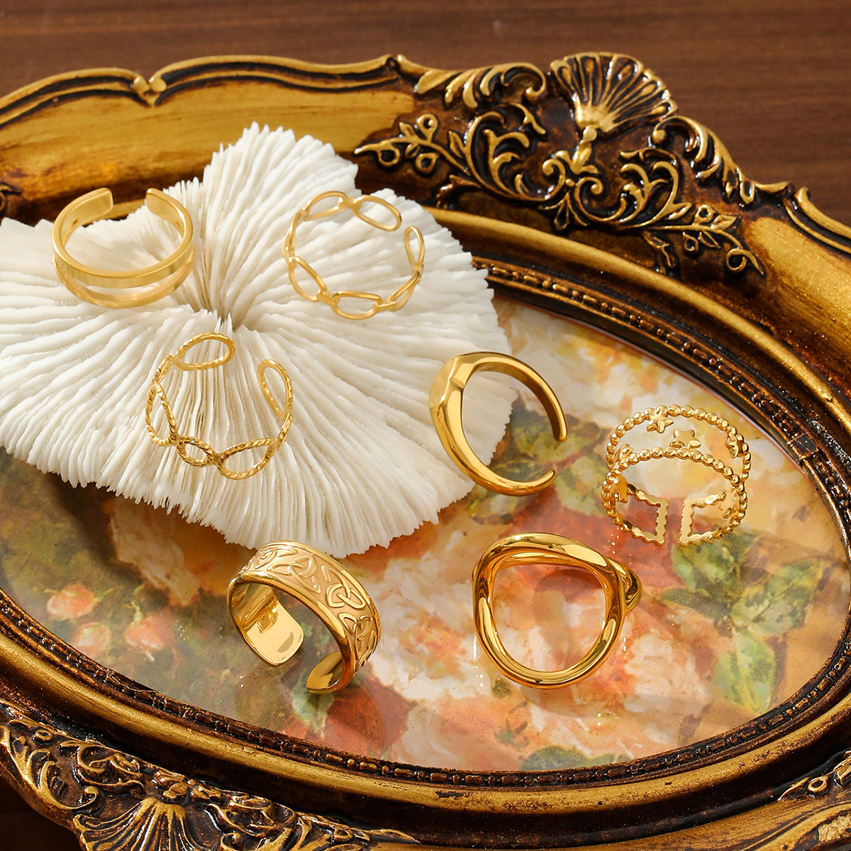 Fashion Hot-Selling Retro Asymmetrical Pattern Ring European and American Niche Design Palace Style Stainless Steel Open Ring for Women