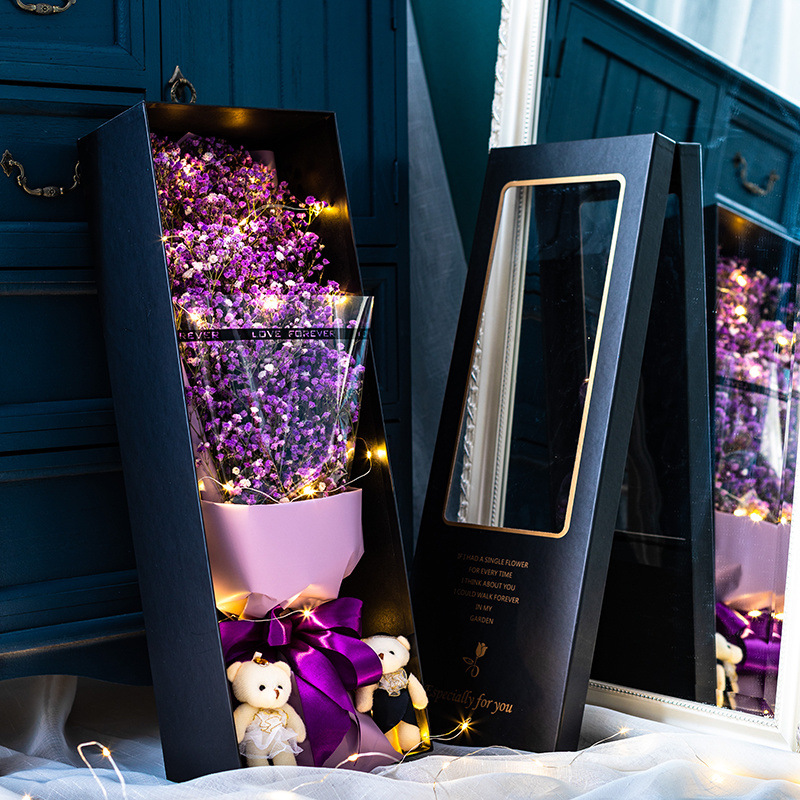 고급스러운 퓨어 퍼플 스타 + 커플베어 60cm 선물상자 - 꽃다발 + 선물상자 + LED 조명