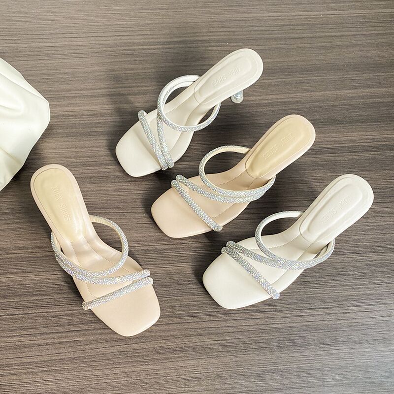 Fairy-Style Crystal Sexy Sandals for Women with Thin Heels and Rhinestones, 2025 Summer Model, High Heels with a Cushioned Feel, Chunky Heels