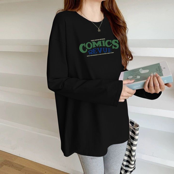 深灰色中长款洋气欧货大版t恤衫女士2025新款长袖全棉上衣ins|undefined