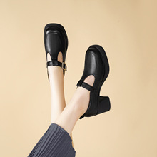 真皮粗跟厚底工作鞋女2026春季新款中跟单鞋软底丁字带复古小皮鞋