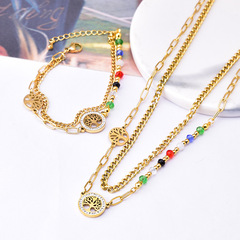 European and American cross-border bracelets colorful beads double-layer clavicle chain full of diamonds tree of life round pendant titanium steel bracelet necklace