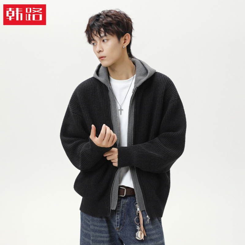 Fake Two-Piece Cardigan Hooded Sweater Autumn and Winter New Style Faux Deer Fur Trendy Brand Retro Lazy Style Knitwear Jacket Fake Two-Piece Cardigan Hooded Sweater Autumn and Winter New Style Faux Deer Fur Trendy Brand Retro Lazy Style Knitwear Jacket