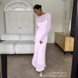 2026跨境热卖针织镂空长裙+背心裙套装女柔软针织罩衫欧美度假风