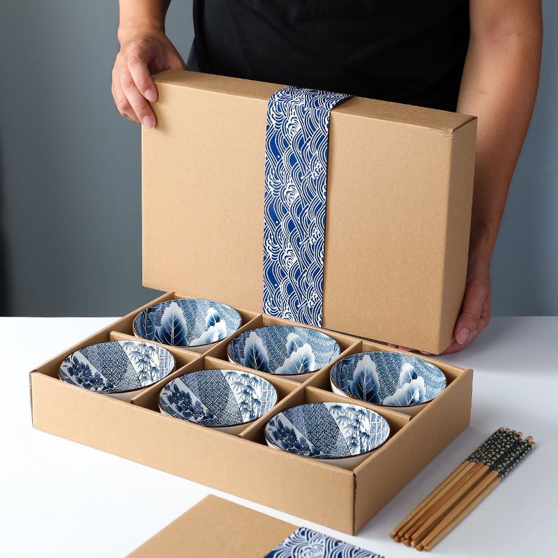 Japanese-style ceramic bowl set, hand-painted, gift box with blue and white porcelain bowls, ceramic tableware, event gift