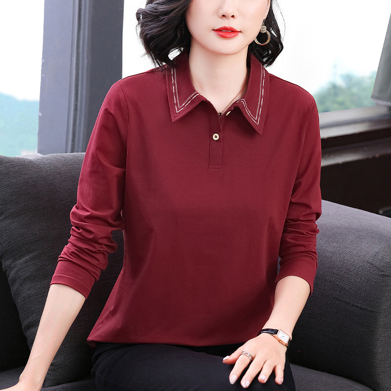 2025 New Autum Pure Color Long-Sleeved T-Shirt for Middle-Aged Mothers, Loose Slimming Look and Flesh-Covering Tops