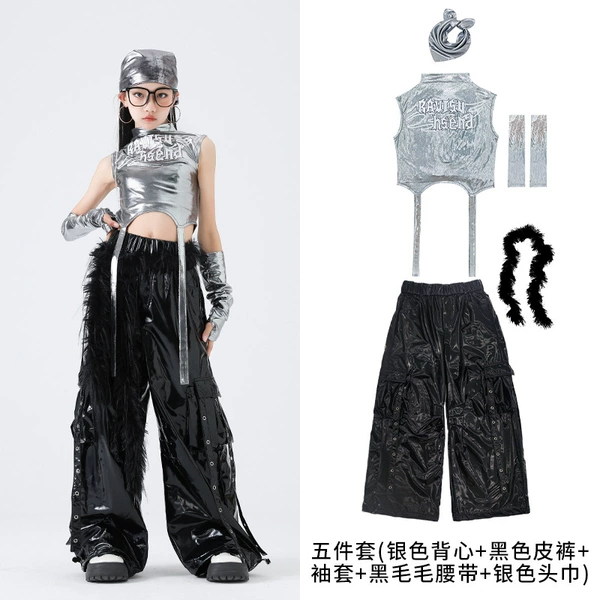 Set, silver black vest, trousers, sleeves, colored belt, scarf, 5 pieces