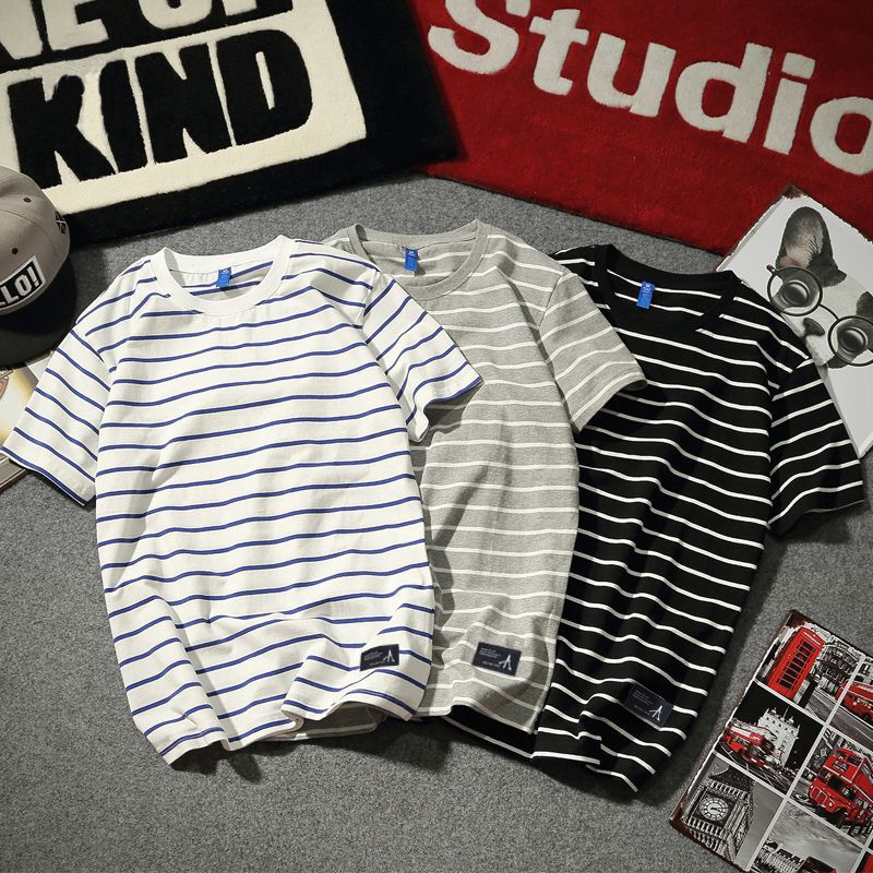 Summer Korean Style Trendy Brand Men's Couple Men's Stripesd Short-Sleeved T-Shirt Thin Hong Kong Style Loose Big Boy Half-Sleeved T-Shirt