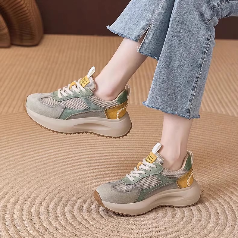 Genuine Leather Thick-Soled Forrest Gump Shoes for Women Spring New Style Comfortable and Versatile Dad Shoes Mesh Breathable Lace-Up Casual Moral Training Shoes