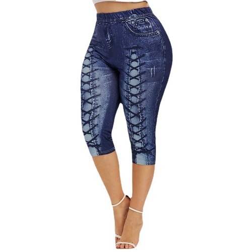 Printed Summer High-Waisted Denim-Like Leggings for Fitness and Yoga, 7/8 Length, XY750