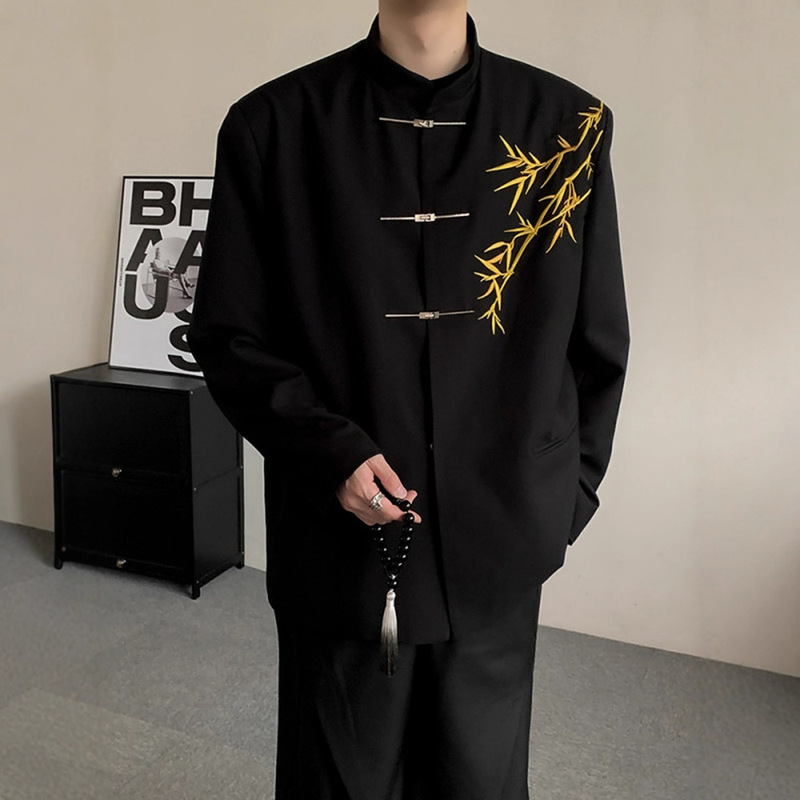 New Chinese Style Men's Engagement Suit, National Style Stand-Up Collar, Gold Bamboo Embroidered Boy's Adult Dress Suit