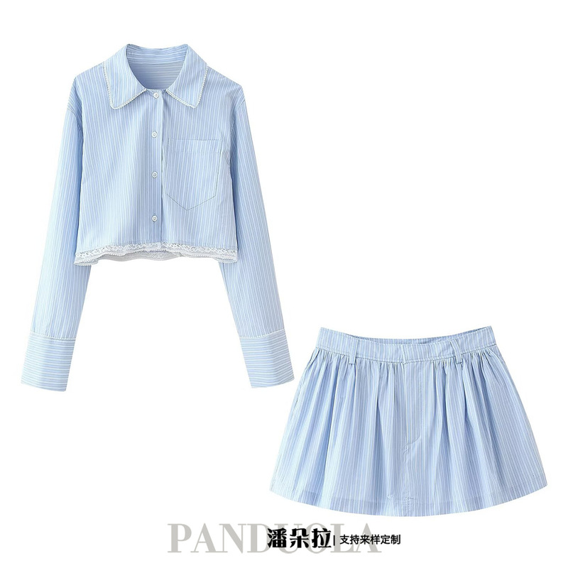 Cross-border European and American Women's 2025 Spring New Lace Detail Striped Top and Short Shirt High Waist Skirt
