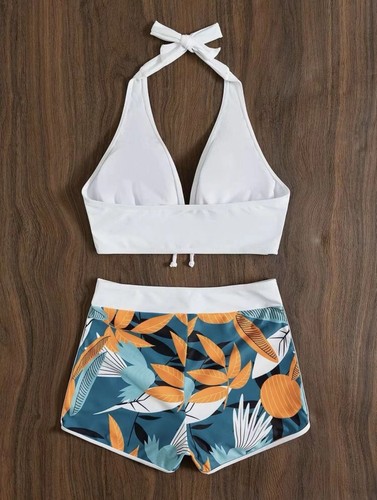 European and American style women's split-piece high-waisted square-cut tie bikini solid color printed swimsuit