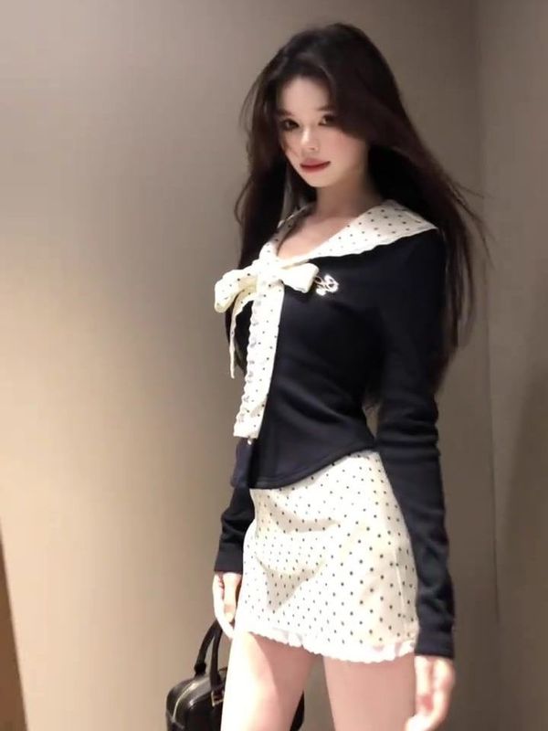 纯欲风娃娃领绑带t恤套装女秋冬高腰波点包臀半身裙修身长袖上衣|undefined