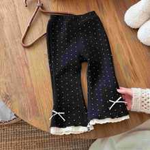 女童波点花边加绒喇叭裤女宝宝秋冬圆点蝴蝶结加绒修身洋气长裤子