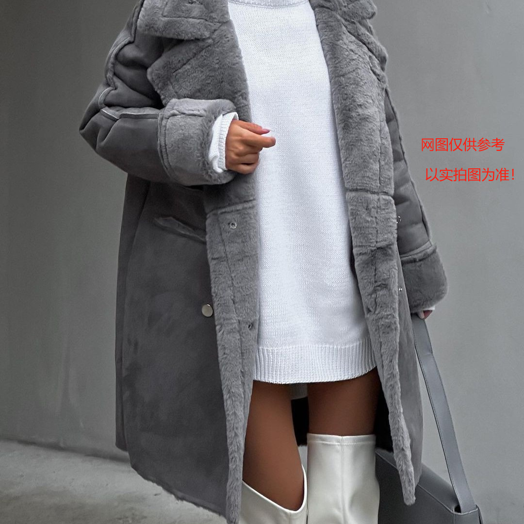 2023 Winter European and American new fur suede coat suit collar long cardigan long sleeve plush coat