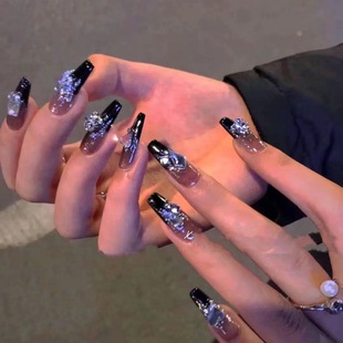 Autumn and Winter Dark Flash high-grade French diamond nail piece wear nail piece long cool black hot girl wear nail