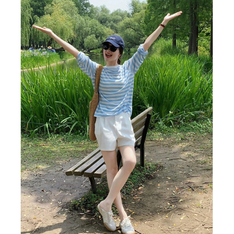 韩系蓝色条纹长袖防晒T恤女夏季小个子宽松外搭薄款空调罩衫上衣|undefined