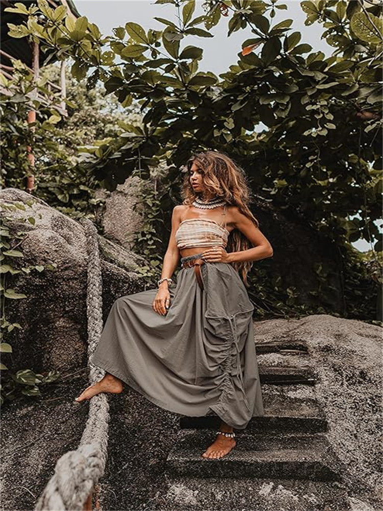 European American Women's Casual 2024 New Style, Bohemian Loose-fitting Versatile Long Skirt With Drawstring And Large_voghion.com