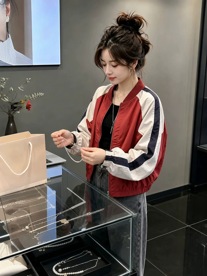 Áo khoác nữ cổ đứng dáng rộng phối màu kiểu áo bóng chày dài tay — Đỏ (viền dây rút) chi tiết 5