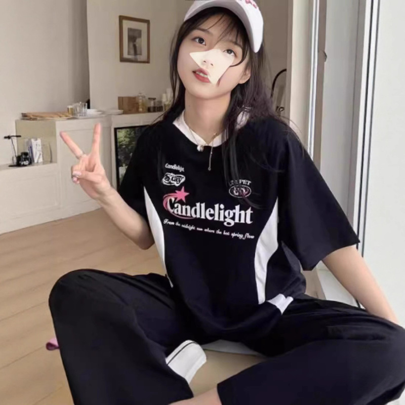 时尚潮牌爆款百搭机车拼色印花短袖t恤女夏季拼接宽松百搭上衣ins|undefined