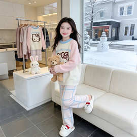 汐玥童装&25080-1粉色KT猫半边绒家居服套装