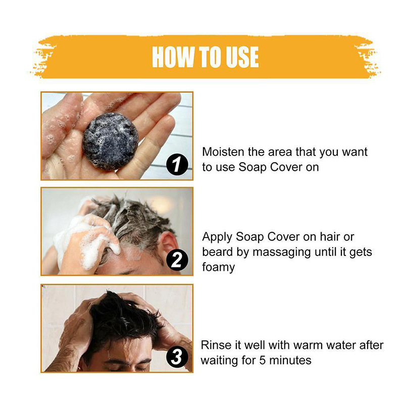 Dark gray round textured shampoo bar designed for men’s grey coverage and suitable for cleansing dark hair and beard weighing 50 grams.