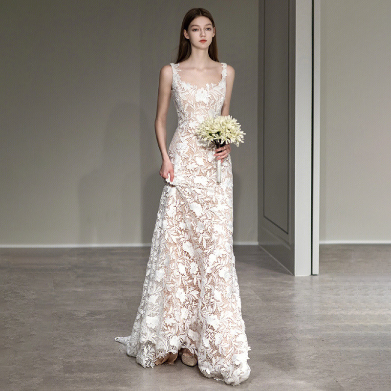 High-End White Lace Strap Light Wedding Dress with Heavy Craftsmanship, Light Luxury, Mermaid Tail, Slim-Fit Engagement Evening Gown