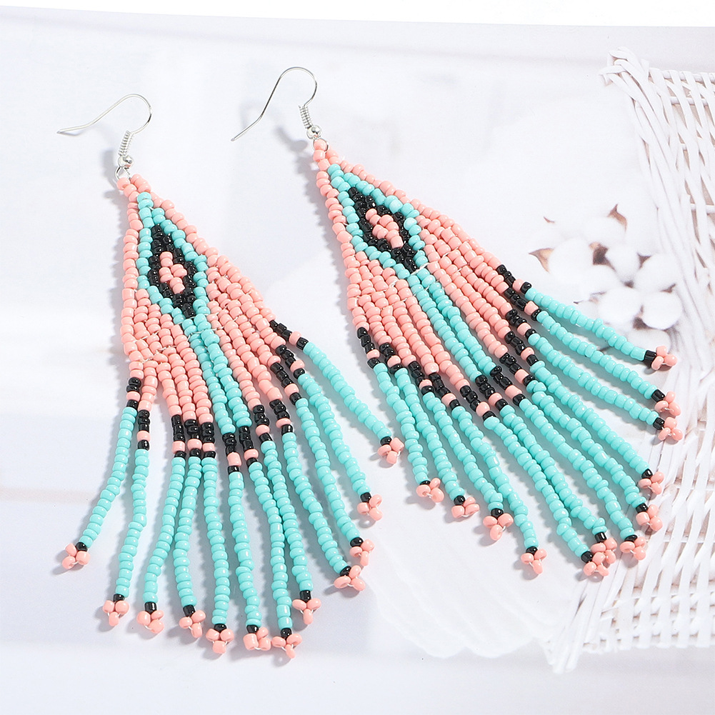 Bohemian Color Tassel Miyuki Beads Woven Feather Earrings Wholesale Nihaojewelry display picture 3
