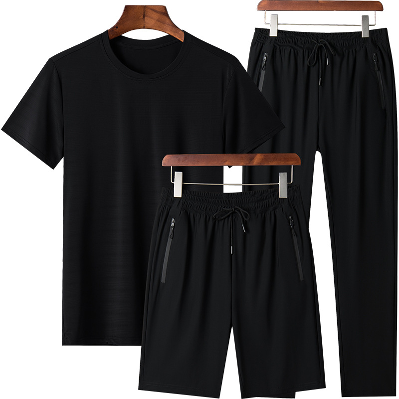 Trajes deportivos transfronterizos de color sólido para hombres verano nuevo gran tamaño de hielo pantalones cortos de secado rápido de tres piezas de comercio exterior pantalones rectos