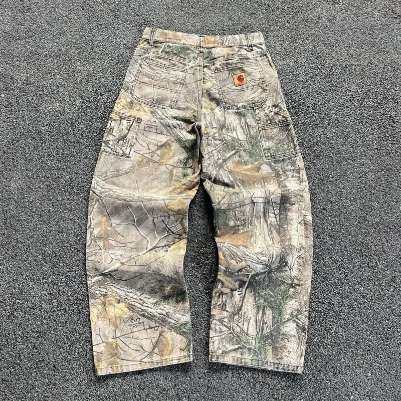 In-Stock Cross-Border Carhartt Summer Washed Camouflage Pants with Tree Branch Design, American-Style Vintage Wide-Leg Loose Straight-Leg Jeans
