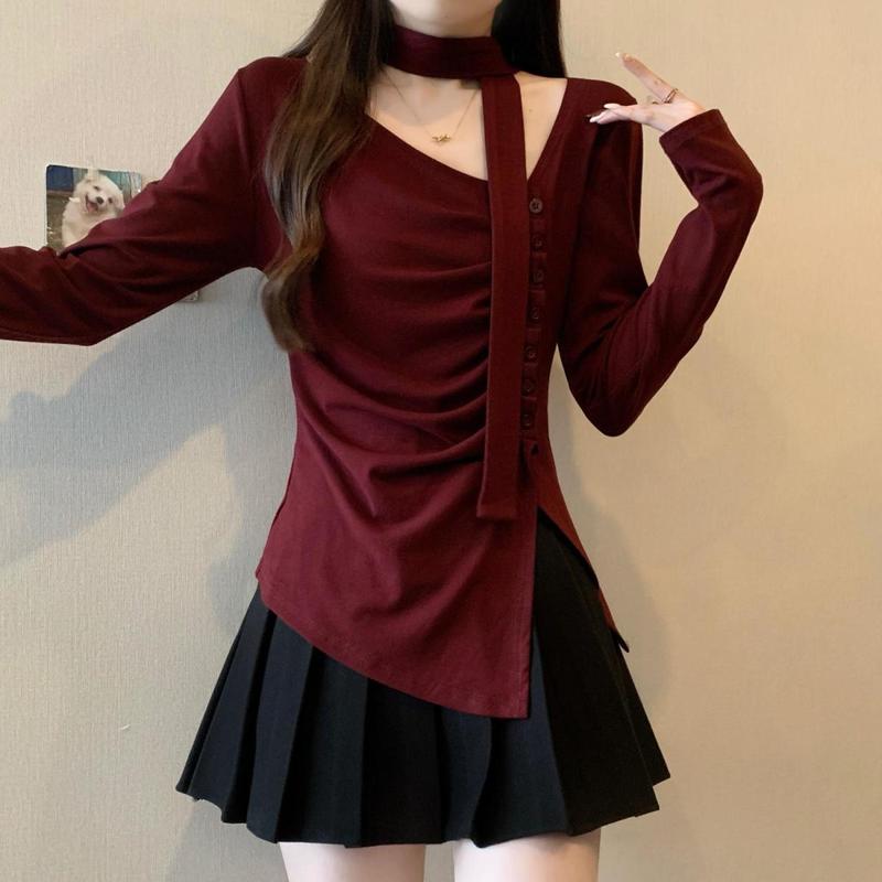 安可拉红V领正肩长袖T恤女秋大码胖mm不规则打底衫高级感挂脖上衣|undefined