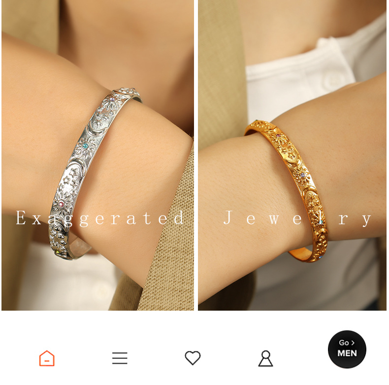 PVD Coated Gold Plating Process PVD Coated Real Gold Plated Sun Moon Titanium Steel Retro Simple Style Waterproof Non Tarnish Titanium Steel Bangle