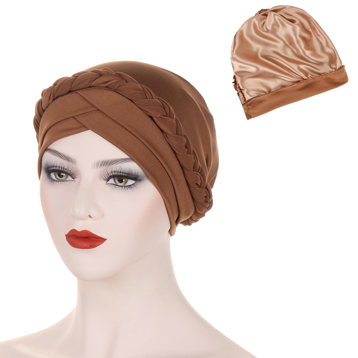 women's forehead double cross solid color satin lined braided turban hat Muslim pullover hat in stock_voghion.com