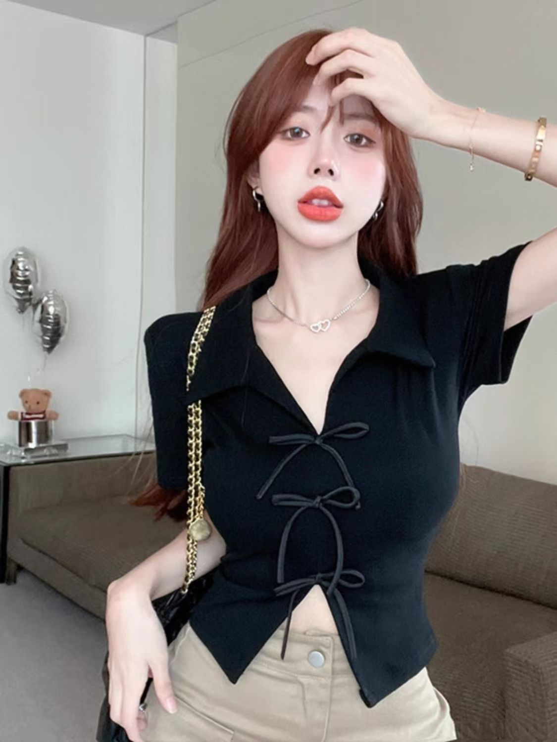 Ins Pure Desire Spice Girl Bow Polo Collar Short-sleeved T-shirt Women's Summer Design Sense French Short Base Short-sleeved Top