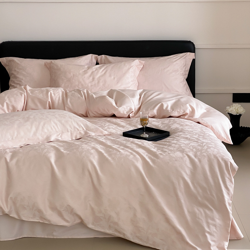 Juego de cama de cuatro piezas de algodón de fibra larga satinado 100S de alta gama, juego de cuatro piezas de algodón puro jacquard, funda nórdica, sábana ajustable