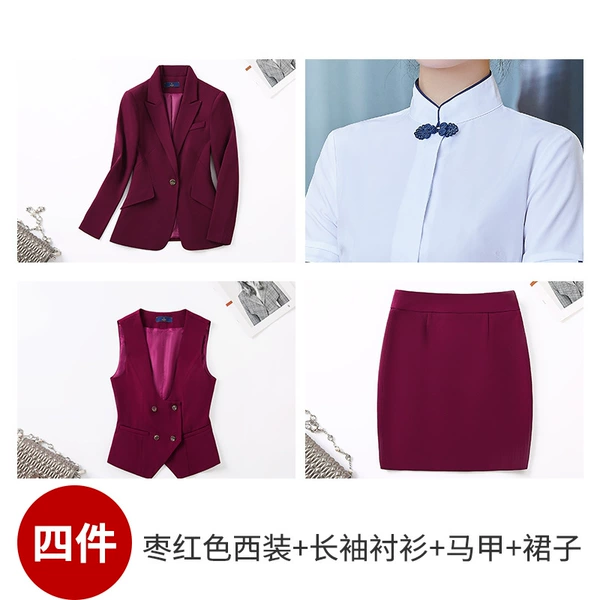 Maroon classic suit jacket, vest, shirt, mini-skirt