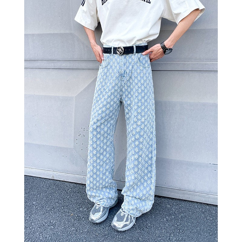 Men's Summer Jacquard All over Print plus Size Tall Extra Long Flared Pants mid Waist Straight Blue Jeans High Street Style_voghion.com