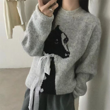 2025年秋冬季女小个子减龄可爱圆领小狗韩系宽松显瘦长袖针织毛衣