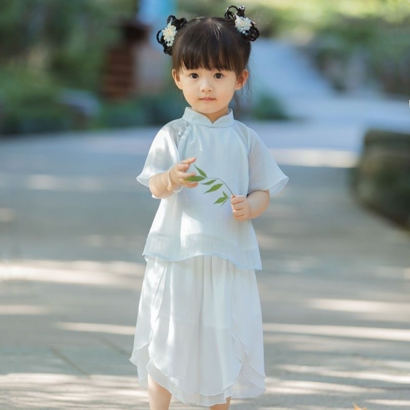 女の子の漢服の夏の子供の時代劇の超仙のふわふわしているスカートの半袖のズボンのスカートの中国風の唐の服の赤ちゃんの薄い金の新しいです。|undefined