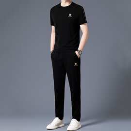 2026夏季新款男式休闲套装圆领短袖刺绣T恤长裤两件套男一件代发