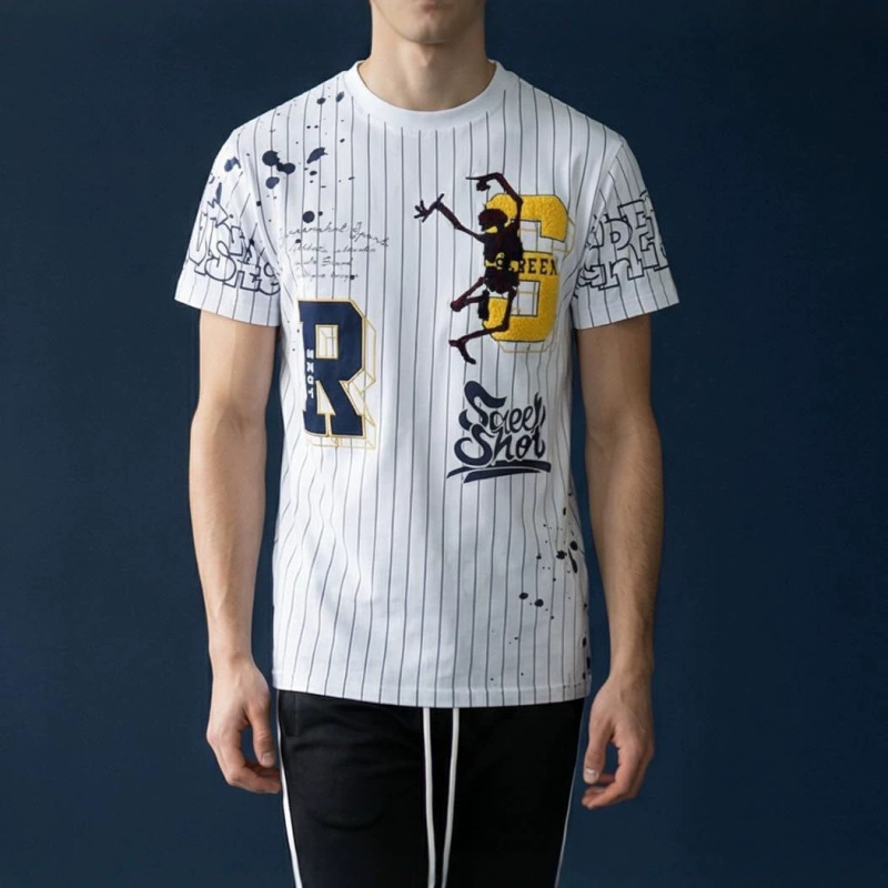 Summer American Street Style Vertical Striped Skull Print Short-Sleeve T-Shirt for Men, Trendy Brand Letter Floral Loose Sports Top