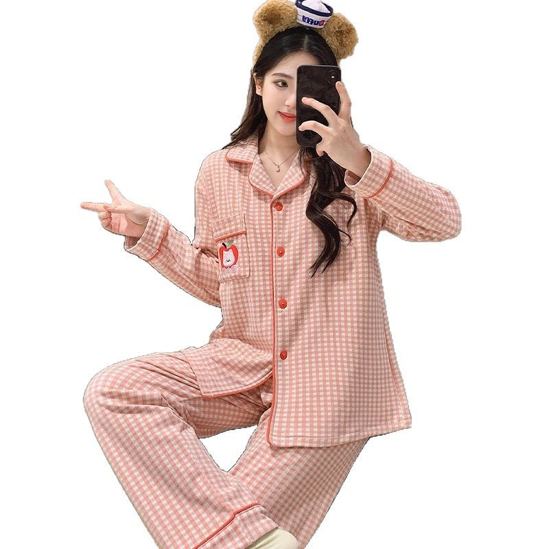 德绒睡衣女秋冬季加厚格子卡通开衫长袖套装可爱少女家居服可外穿|undefined