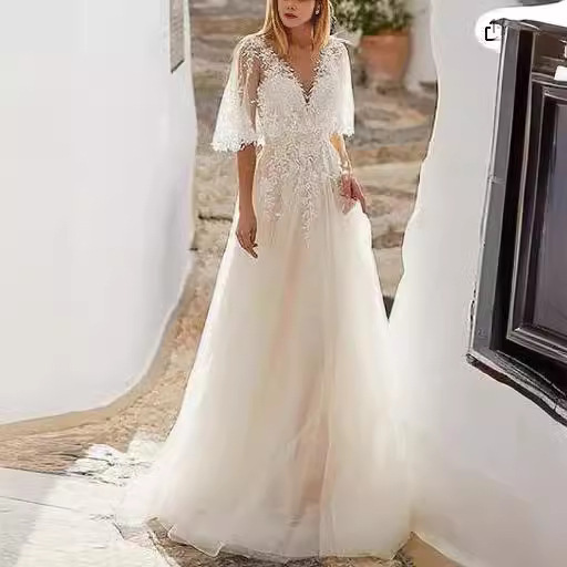 Vestido de noiva leve de manga comprida, estilo Mori, novo, simples, etéreo, sonhador, Hepburn, decote em V, cauda curta, modelador, roupa feminina para festa._voghion.com