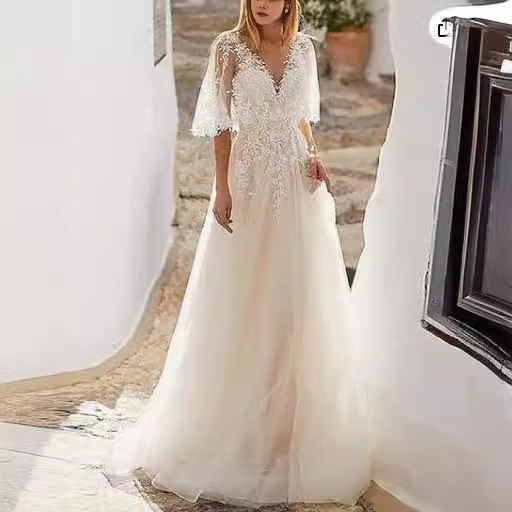 Long-Sleeved Light Wedding Dress Forest Style 2025 New Bride Simple Super Fairy Fantasy Hepburn V-Neck Travel Photography Small Tail Slimming Look Long-Sleeved Light Wedding Dress Forest Style 2025 New Bride Simple Super Fairy Fantasy Hepburn V-Neck Travel Photography Small Tail Slimming Look