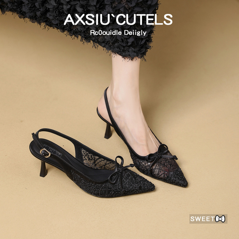 Black Mesh Women's Shoes with Lace Back Strap, High Heels, Pointed Toe, Bowknot, Stiletto Heels, Single Shoes for Commuting and Parties, Women's Sandals