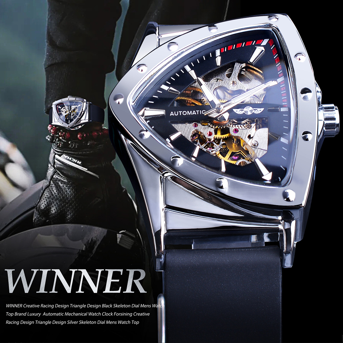 Winner Hollow automatisch mechanisch herenhorloge, siliconen band, polshorloge met zwarte wijzerplaat_voghion.com