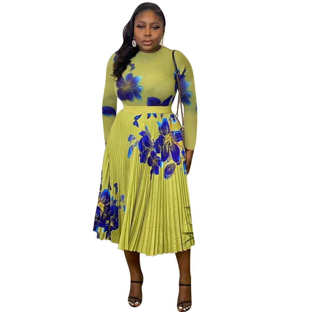 Damenbekleidung Mode Damenbekleidung Herbst und Winter neue Mode bedruckter plissierter Rockanzug mit hoher Taille_voghion.com